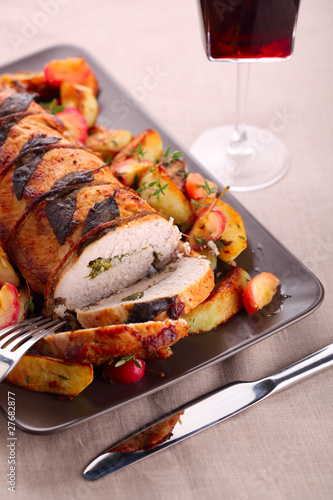 Photo: Roast pork with sage and thyme sauteed potatoes and spiced apple Roast pork with sage and thyme sauteed potatoes and spiced apple