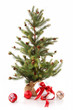 Little Christmas tree with red ribbon gifts on white