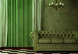 Vintage interior featuring a chandelier and green leather sofa. Vintage interior featuring a chandelier and green leather sofa.