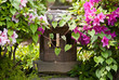 Pink and purple azaleas with a Japanese stone lantern