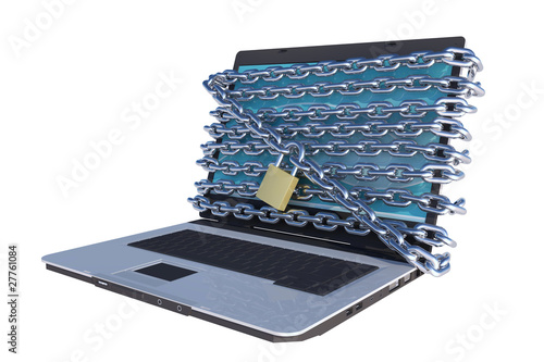 Illustration: laptop computer with chains around screen isometric view laptop computer with chains around screen isometric view