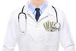 A portrait of a doctor with  US dollars in his pocket