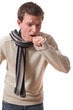 Photo: young ill man with scarf coughing isolated over white background young ill man with scarf coughing isolated over white background