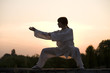 Foto: woman in white suit make's taiji chuan exercise woman in white suit make's taiji chuan exercise