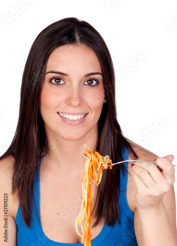 Photo: Attractive girl eating spaggetti Attractive girl eating spaggetti
