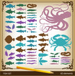 Vector set of fishes, octopus and crab in vintage style