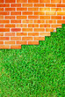 Brick wall fence and grass field texture background Brick wall fence and grass field texture background
