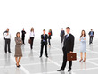Businessmen standing in front of an earth map