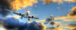 Panorama of airplane in sunset sky Panorama of airplane in sunset sky