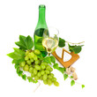 Dry wine, bottle and glass, with grapes and cheese. Dry wine, bottle and glass, with grapes and cheese.
