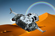 spaceship flying on desert of rainbow spaceship flying on desert of rainbow
