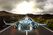 spaceship flying on highway spaceship flying on highway