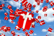 Lots of red gift boxes flying in the air