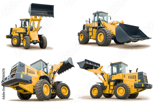 Photo: set of wheel loaders isolated set of wheel loaders isolated
