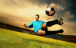 Happiness football player on field of olimpic stadium on sunrise