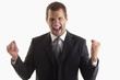 Victorious man holding fists up