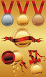 Set of shiny red and gold award medals with ribbons