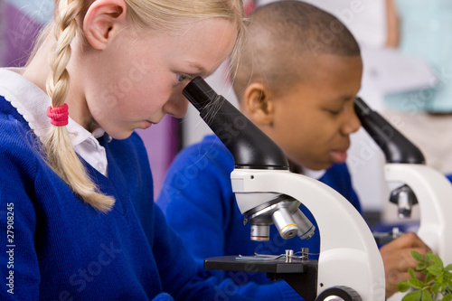 Photo: School children looking into microscopes in classroom laboratory School children looking into microscopes in classroom laboratory