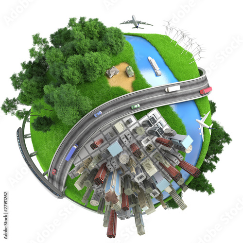 Illustration: Isolated miniature globe tranports and life styles Isolated miniature globe tranports and life styles