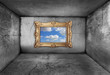 Photo: gold frame, framing a blue sky from inside an old dirty room gold frame, framing a blue sky from inside an old dirty room