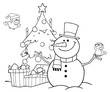 Outlined Friendly Snowman With A Cute Birds And Christmas Tree Outlined Friendly Snowman With A Cute Birds And Christmas Tree