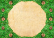 Christmas frame with Pine needles and cones on paper textures Christmas frame with Pine needles and cones on paper textures