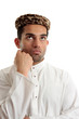 Ethnic man thinking brainstorming looking up