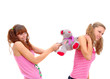 two teenage sisters quarrelling about teddy bear