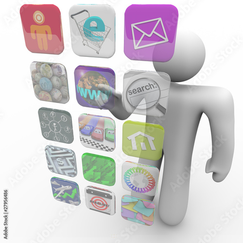 Illustration: Apps on Projected Touch Screen - Man Chooses One Apps on Projected Touch Screen - Man Chooses One