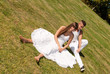 young couple happy sitting grass white, love relationship