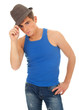 young man in casual blue shirt and grey hat