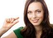 Photos : Portrait of woman showing Omega 3 fish oil capsule, isolated