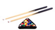colorful billiard balls in a triangle and cues isolated on white colorful billiard balls in a triangle and cues isolated on white