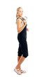 young woman with overalls on