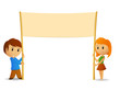 Vector cartoon boy and girl with blank poster or banner