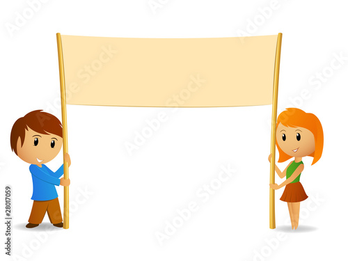 Vector: Vector cartoon boy and girl with blank poster or banner Vector cartoon boy and girl with blank poster or banner