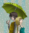 Cute boy and girl with umbrella and nice background Cute boy and girl with umbrella and nice background