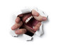 Photo : A man shouting through a hole