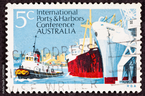Photo: Australian Postage Stamp Used Tug Freighter Ship Docked Harbor Australian Postage Stamp Used Tug Freighter Ship Docked Harbor