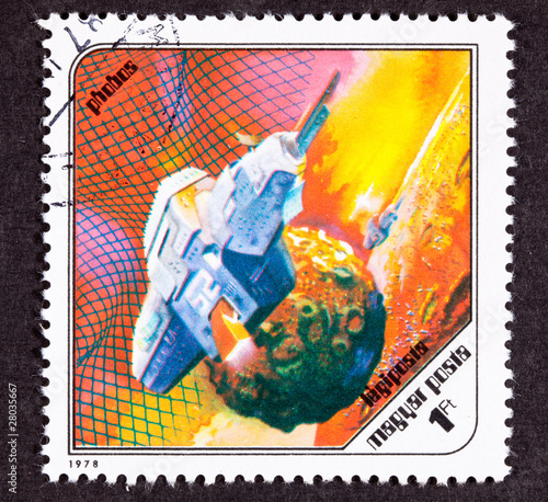 Photo: Hungarian Postage Stamp Space Ship Around Phobos, Martian Moon Hungarian Postage Stamp Space Ship Around Phobos, Martian Moon