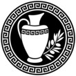Ancient Greek amphora and olive branch in the frame with a meand