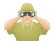 Traveler man in green hat looking through binoculars