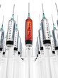 Rows of syringes, one filled with blood