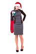 Business woman in black dress and hats of Santa Claus