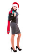 Business woman in black dress and hats of Santa Claus