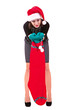 Business woman in black dress and hats of Santa Claus