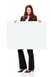 Young business woman holding billboard