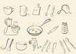 set of isolated tableware and kitchen tools sketch