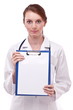 Photo: Doctor holds clipboard with empty sheet. Isolated on a white. Doctor holds clipboard with empty sheet. Isolated on a white.