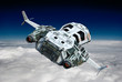 spaceship above the clouds backside view spaceship above the clouds backside view